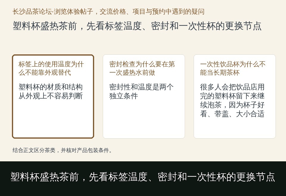 塑料杯盛热茶前，先看标签温度、密封和一次性杯的更换节点的知识要点示意图