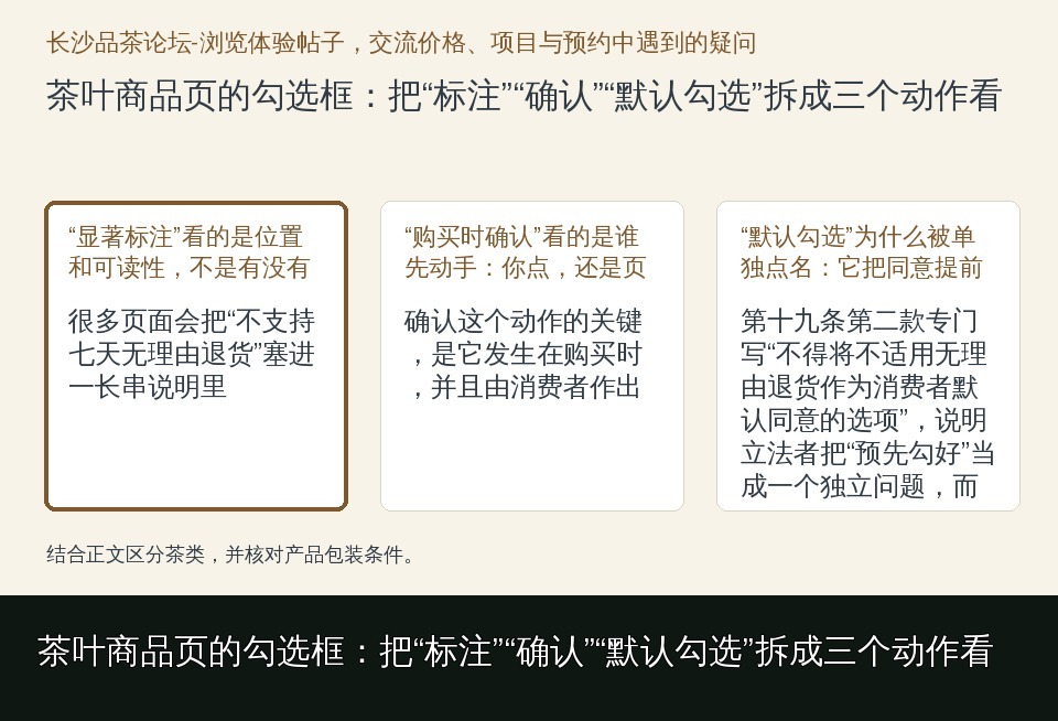 茶叶商品页的勾选框：把“标注”“确认”“默认勾选”拆成三个动作看的知识要点示意图