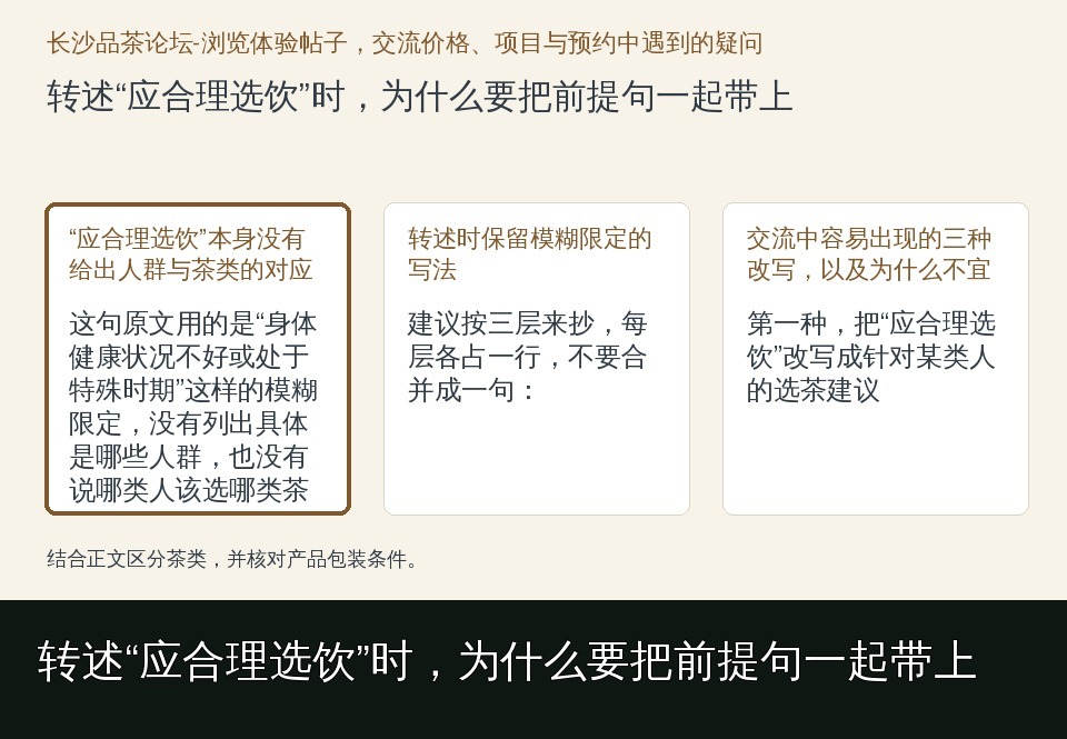 转述“应合理选饮”时，为什么要把前提句一起带上的知识要点示意图